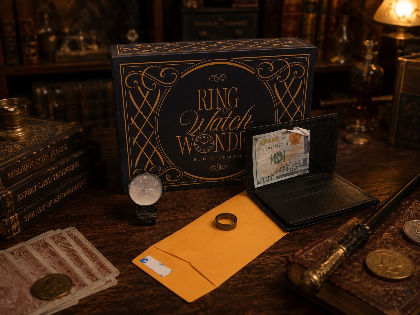 Ring Watch Wonder by Ben Seidman with the included watch, wallet, ring, envelope, and product box displayed on a magician’s close-up table.